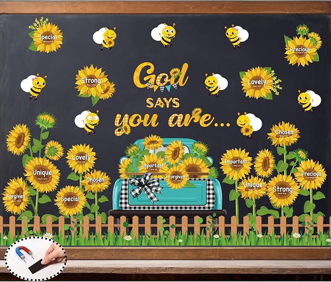 Religious Sunflower Bulletin Board Decorations Set Magnetic Bee Truck Cutouts God Says You are Bulletin Board Decor for Back to School Church Classroom Wall Decor