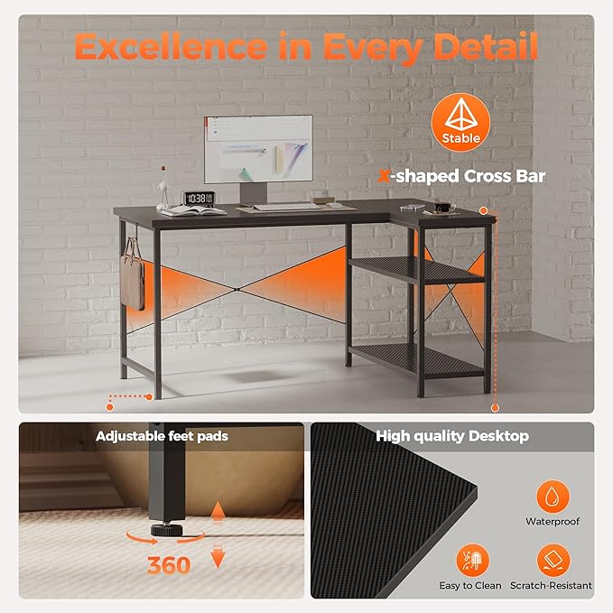 Mericonia Small L Shaped Computer Desk, Reversible Gaming Desk with Storage Shelves, Corner Gamer Desk Table, Study Writing Table