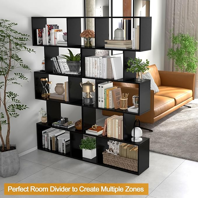 Tangkula 5-Tier Geometric Bookshelf, S Shaped Bookcase w/Anti-Toppling Device, Freestanding Room Divider, Industrial Home Office Decor Wood Open Storage Display Shelf for Living Room (2, Black)