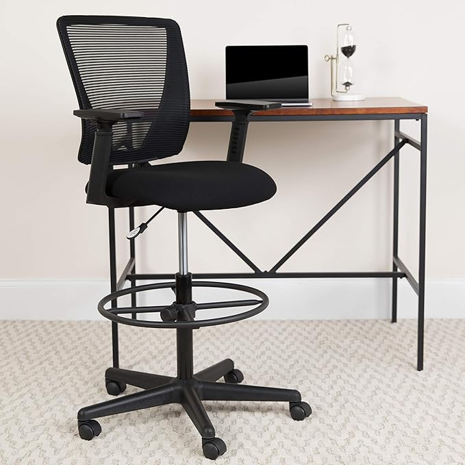 Flash Furniture Harper Ergonomic Mid-Back Mesh Drafting Chair with Black Fabric Seat, Adjustable Foot Ring and Adjustable Arms