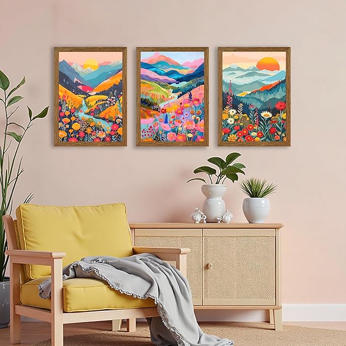 InspiredHues Colorful Mountain Boho Canvas Wall Art Set, 3 Piece Watercolor Flower Picture Wall Decor, Abstract Nature Landscape Artwork Prints for Living Room Bedroom Office 12x16 In Wood Framed