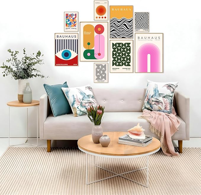 KBKBART 9PCS Eclectic Wall Art Decor, Modern Maximalist Wall Prints for Bedroom, Bauhaus Posters for Room Aesthetic, Retro Abstract Wall Collage Kit for Living Room, Funky Dorm Gallery Home Decor