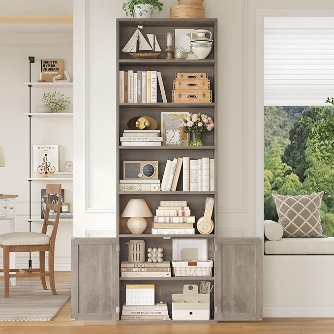 FACBOTALL 82" Tall Bookcase and Book Shelf, 24" Wide Bookshelf with Doors, 7 Tier Bookcase with Storage and Adjustable Shelf, Open and Display Farmhouse Bookshelf for Living Room, Home Office, Gray