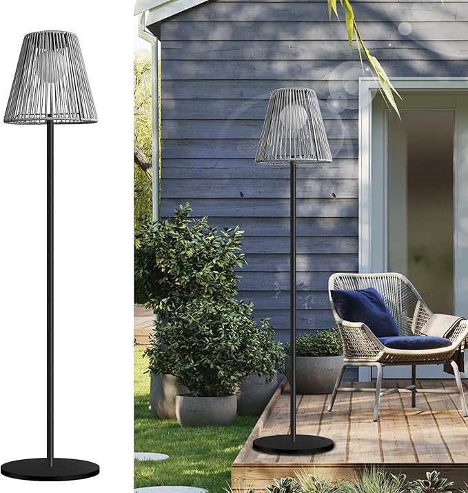 Outdoor Solar Floor Lamp, Garden Rattan Wicker Light, Metal Pole and Base, Waterproof Yard Garden Wedding Home Decor Light -Grey