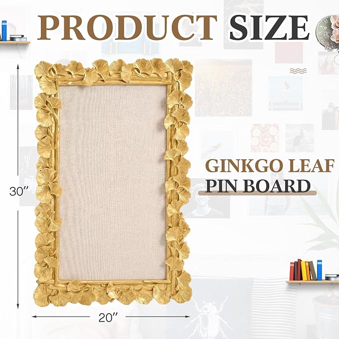 Vintage Framed Pin Board Linen Display Bulletin Board Large Cork Fabric Picture Photo Pinboard Memo Ornate Decorative Pinboard Ornate for Wall Gift(Ginkgo Leaf,30'' X 20'',Gold)