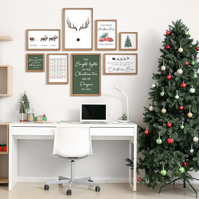 Faccito 8 Set Christmas Wall Art Decor Merry Christmas Wooden Framed Art Decor Xmas Elk Wall Decoration for Home Gallery Large Winter Decoration for Kitchen Bedroom Bathroom Living Room