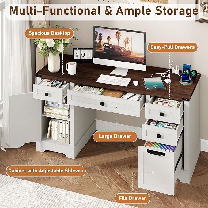 58'' Farmhouse Home Office Desk with Drawers, Wooden Executive Desk with Charging Station, File Drawers and Storage Cabinet, Computer Desk for Work, Study and Writing, Rustic White