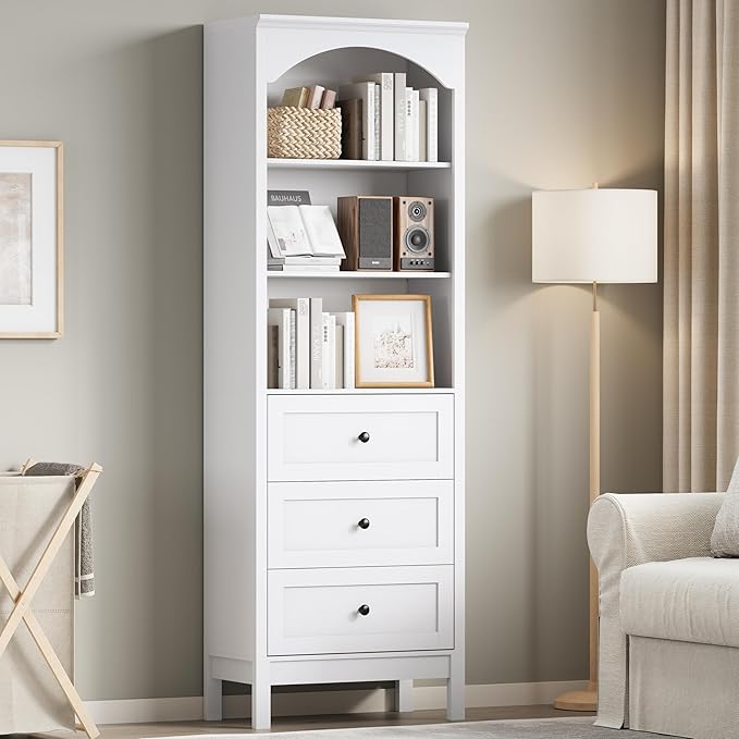 Bookshelf with Drawers, 71" Tall Wood Bookcase with Adjustable Shelf, 24" Wide Arched Book Shelf, Floor Standing Display Storage Cabinet for Home Office, Study and Living Room, Modern White