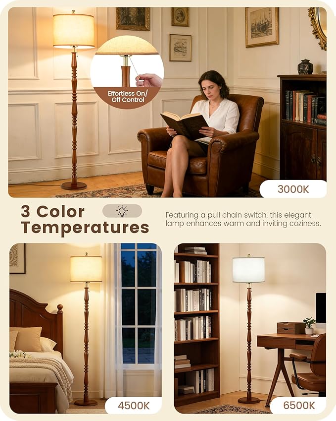 65" Oak Wood Floor Lamps for Living Room with Adjustable Color Temperatures, Farmhouse Floor Lamp with Pull Chain Switch, Tall Standing Lamp for Bedroom, Dining Room, Rustic Brown VE27LD05