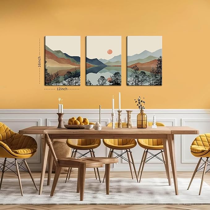 AKWISH Framed Mountain Canvas Wall Art Set of 3, Boho Watercolor Poster Prints Painting, Sun Forest Abstract Nature Landscape Artwork Wall Decor for Living Room, Bedroom, Office 12x16 In