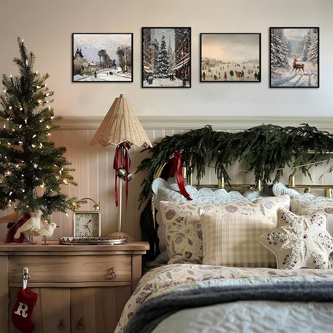 Hwetui Vintage Christmas Canvas Wall Art Poster Set of 6, Winter Tree Reindeer Pictures Wall Decor, Forest Snowy Landscape Paintings Prints Artwork for Home Living Room Bedroom 12×16 inch Unframed