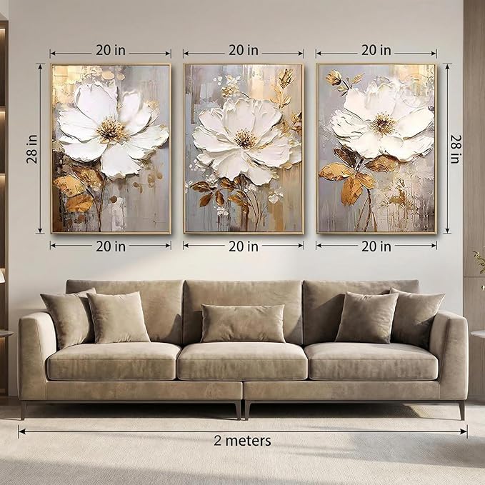 3 Piece Framed Canvas Wall Art for Living Room, Textured White Floral Abstract Oil Painting with Gold Frame, Modern Luxury Flower Wall Decor with Gold Gray Background for Bedroom Office 28x60 inches