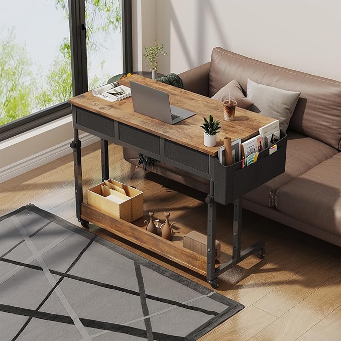 Rolling Standing Desk Adjustable Height with Drawers on Wheels, 40 Inch Portable Mobile Stand Up Computer Desks for Bedroom Home Office, Couch Sofa Side Laptop Table with Storage, Rustic Brown