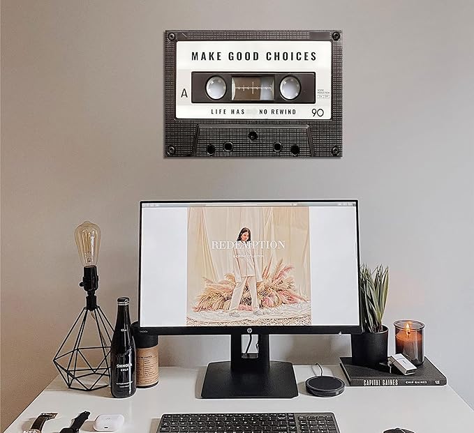 Inspirational Office Canvas Wall Art Picture Vintage Cassett Tape Prints Make Good Choices Life Has No Rewind Inspiring Artwork Motivational Wall Decor for Office Bedroom Living Room 16x24in Framed
