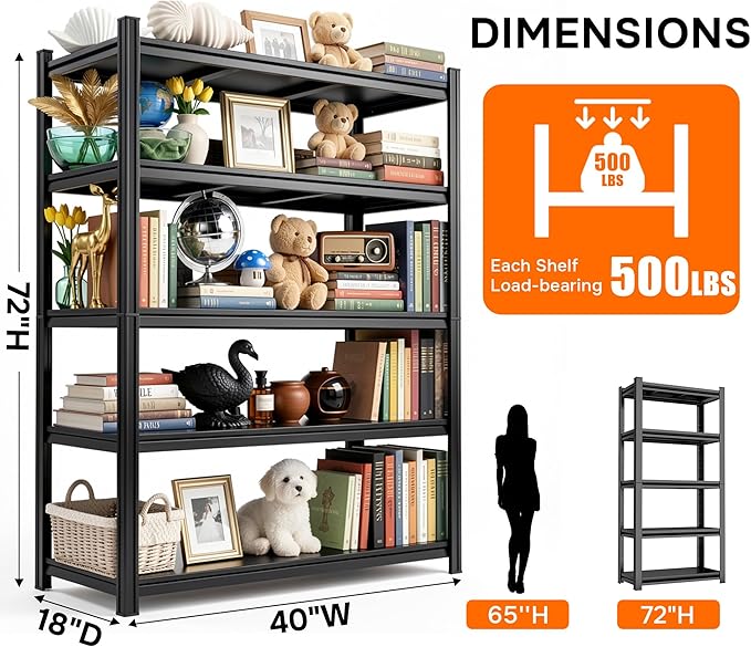 5-Tier Book Shelf, Metal Bookshelves, Heavy Duty Steel Bookcases, Large Storage Capacity Adjustable Tall Industrial Bookshelf for Living Room, Bedroom and Library, Black,72''Hx40''Wx18''D