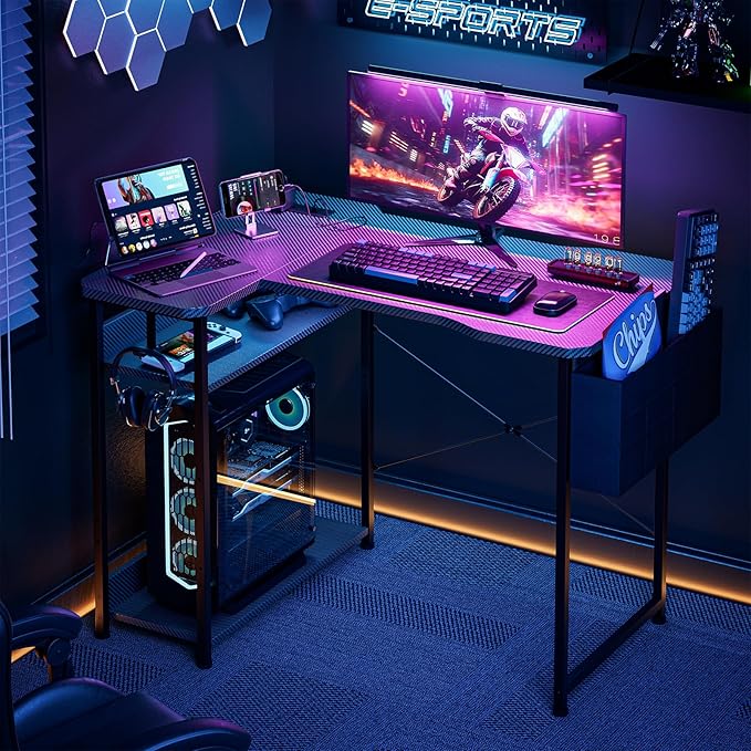 L Shaped Gaming Desk 55 Inch - Computer Corner Desk with Power Outlets, Reversible Shelves & Storage Bag for Home Office, PC Gaming Table, Black Carbon
