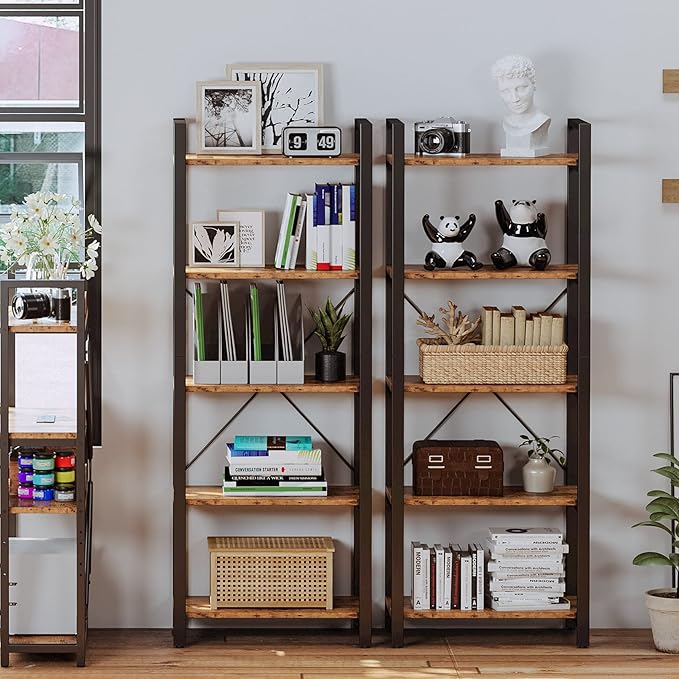 IRONCK Bookshelf, 5-Tier Book Shelf, 110 lbs/Shelf Vintage Industrial Style Bookshelves for Living Room and Home Office, Vintage Brown