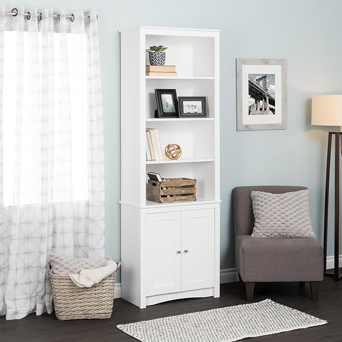 Prepac Sonoma Tall 6-Tier Bookcase 80"H with Doors & 2 Adjustable Shelves, White Storage Cabinet, Modern Display Cabinet, Bookshelf with Storage Shelves for Home Office, Living Room, Bedroom
