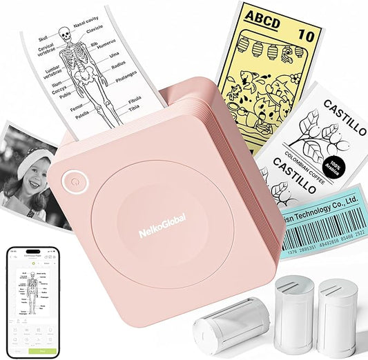 PM230 Sticker Printer, Mini Bluetooth Portabel Sticker Maker with 3 Rolls Paper, Print Pods Mini Printer with Multiple Templates for Phone & Tablet，for Office School Home, Light Pink