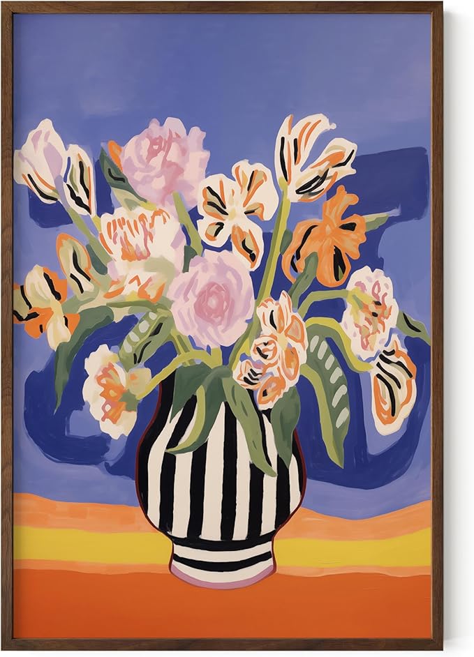 HAUS AND HUES Floral Art Wall Decor - Wildflowers Wall Art for Living Room, Floral Artwork for Bedroom Walls, Flower Painting for College Girls Dorm Room (Striped Vase, Walnut Frame, 24x36)