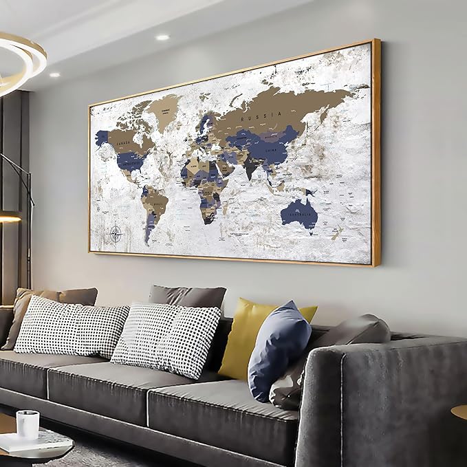 Framed Wall Art World Map Wall Art Canvas Picture24inx48in Large Grey Map of The World Canvas Painting Artwork Prints for Office Wall Decor Home Living Room Decorations Framed Ready to Hang