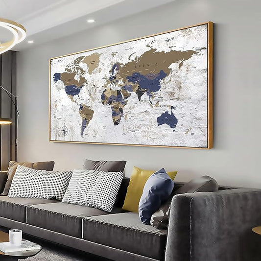 Framed Wall Art World Map Wall Art Canvas Picture24inx48in Large Grey Map of The World Canvas Painting Artwork Prints for Office Wall Decor Home Living Room Decorations Framed Ready to Hang