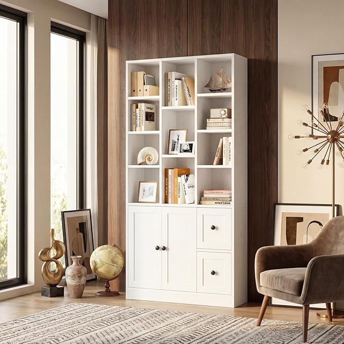 IRONCK 71" Tall Bookshelf and Bookcase with Cabinet and 3 Drawers, 7 Tier Bookshelves with Doors and Open Shelves for Living Room, Home Office, White
