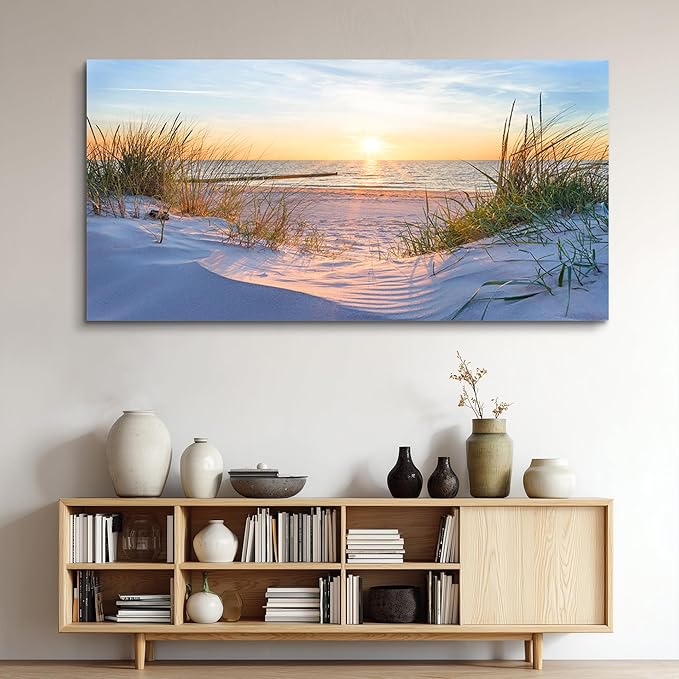 Canvas Wall Art For Living Room Super Large Size Wall Decor For Office Canvas Art Framed Pictures Artwork Blue Sun Beach Grass Ocean Landscape Paintings Bedroom Decor Seascape Draw Home Decorations