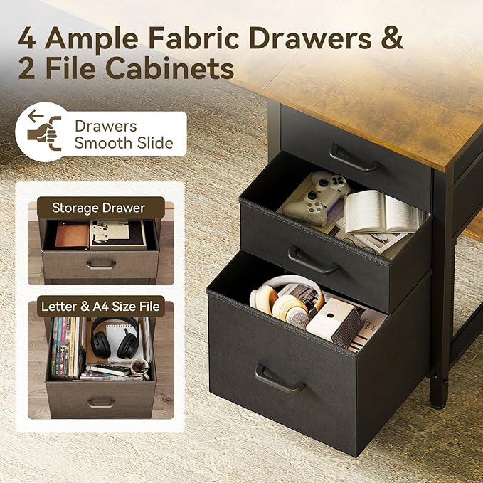 ODK 63 Inch Office Desk with 6 Fabric Drawers, Large Computer Desk for Home Office with Hidden Storage Shelves, Rustic Brown