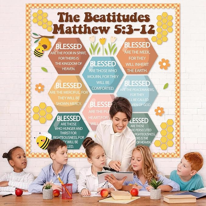 Christian Bulletin Board Decoration The Beatitudes Matthew 5:3-12 Classroom Decoration Motivational Bible Verse Poster Paper Cutouts for Back to School Sunday School Church Parish Decor（Groovy）