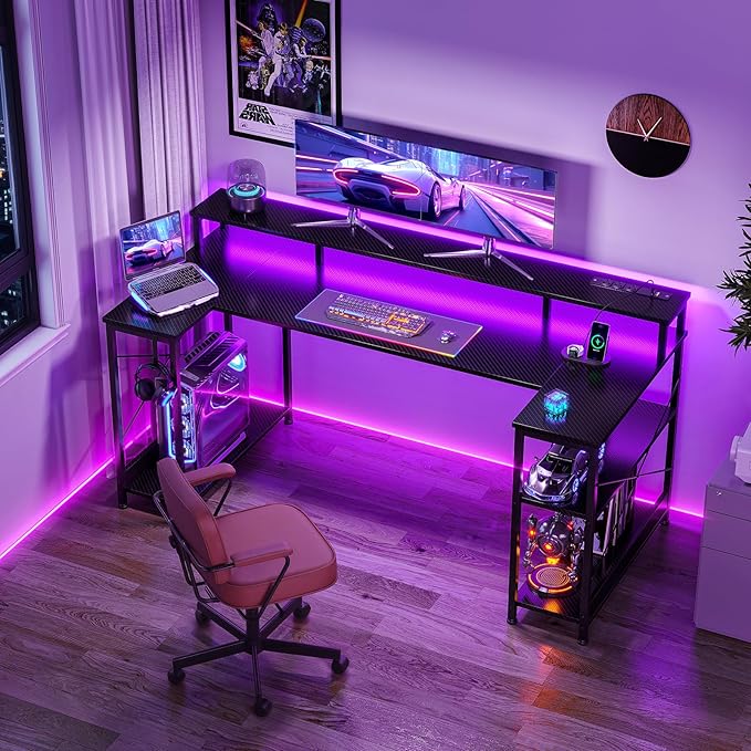 ODK 55 Inch Gaming Desk with LED Lights and Power Outlet, U-Shaped Computer Desk with Monitor Stand and Storage Shelves, PC Gamer Table for Home Office, Carbon Fiber Black