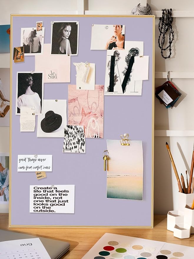 Bulletin Board 40 x 30 inches, Light Lavender Pin Board, Golden Aluminum Framed Fabric Cork Board with 10 Push Pins