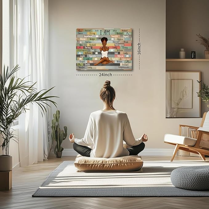 Framed Inspirational Wall Art Motivational Canvas Print for Home and Office Decor Black Women picture Yoga Meditation Poster Positive Affirmation Artwork Modern Colorful Wall Decoration for Living Room, Bedroom, or GYM12x16in