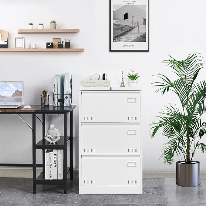 GREATMEET 3 Drawer Lateral File Cabinet,Storage Large File Cabinets,White File Cabinet 3 Drawer for Home Office,Metal Lateral Filing Cabinet for Letter/Legal/F4/A4 Size,Easy Assemble