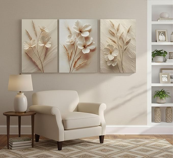 3Pcs Neutral Beige Floral Botanical Canvas Wall Art Modern Simple Texture Flower Plant Painting Picture Wall Decor Vintage Blossom Poster Print Artwork for Living Room Bedroom Bathroom