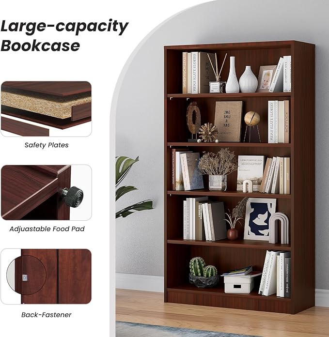 Bookcase Adjustable Storage Shelves,5-Tier Modern Wood Bookcase for Bedroom,60-Inch Bookshelf, Office, Living Room & Library(Cherry)