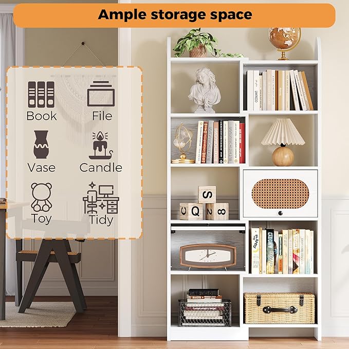 IRONCK Bookshelf and Bookcase with 2 Rattan Design Flip-top Storage Cabinets, 6 Tier 8 Cube Bookcases Storage Shelves Organizer for Living Room, 35.4" White