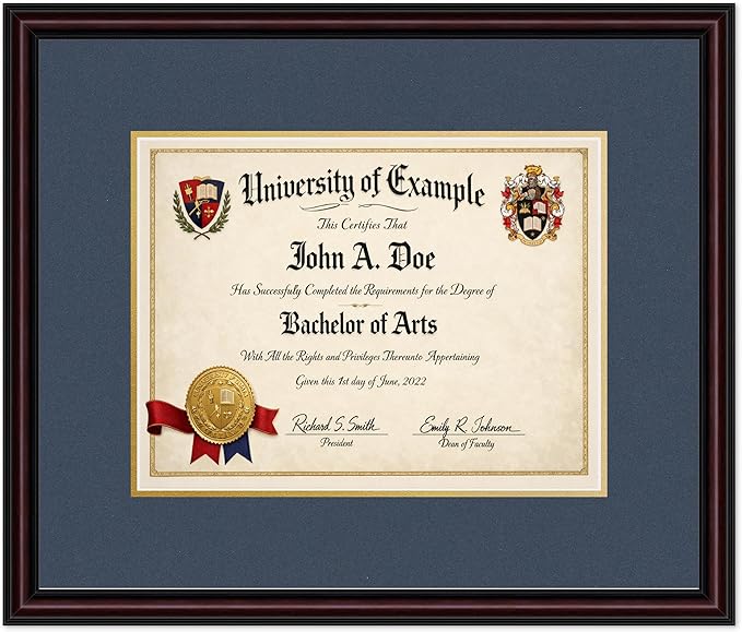CountryArtHouse Diploma Frame Fits 13 x 10 College Diploma (Traditional) - Keepsake Graduation Displa Executive Brown Genuine Hardwood with Navy Blue Over Metallic Gold Double mat