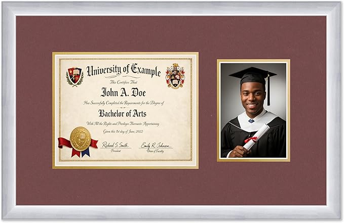 CountryArtHouse Fits 10 x 8 Professional License and 5 x 7 Photo Diploma and Photo Frame Stainless Silver Genuine Hardwood with Dark Red Over Metallic Gold Double mat