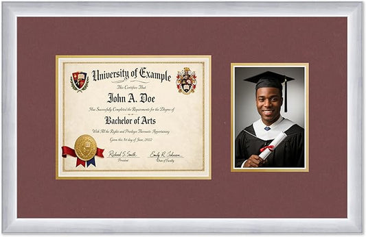 CountryArtHouse Fits 10 x 8 Professional License and 5 x 7 Photo Diploma and Photo Frame Stainless Silver Genuine Hardwood with Dark Red Over Metallic Gold Double mat