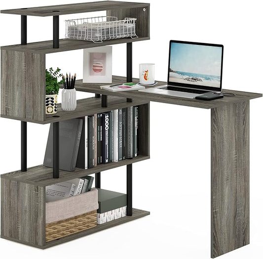 Furinno Classic L Shape Computer Desk, Gaming Desk, Office Desk with 5-Tier Shelves, 40" Wide, for Home Office, Study, Gaming, Grey Oak
