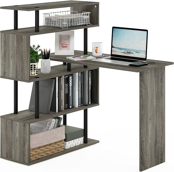 Furinno Classic Desk, 40" Wide L-Shape Gaming Desk, Computer Desk, Writing Desk with 5-Tier S-Shaped Side Shelves for Home Office, Study Room, Dorm, Bedroom, French Oak