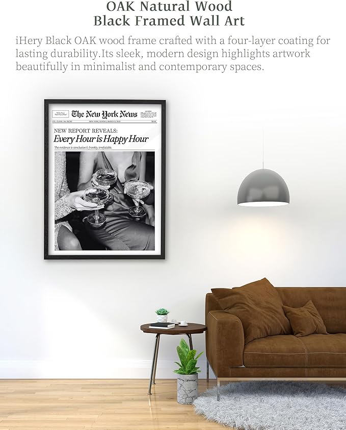 iHery Premium 16x20in Natural Black OAK Wood Trendy Every Hour is Happy Hour Framed Wall Art, Retro Aesthetic Posters Canvas Wall Decor For Girly Dorm Bedroom Bathroom Living Room 1Pack