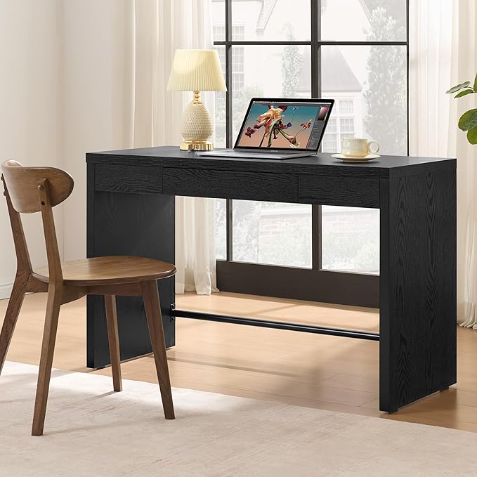 SICOTAS Computer Desk Writing Table - 47-Inch Wooden Study Desk for Bedroom, Farmhouse Home Office Desk with Drawer, Boho Makeup Vanity Table for Dormitory (Black Oak, 1 Piece)