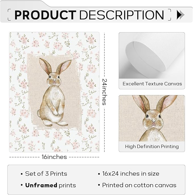 Vintage Nursery Wall Art Goose Canvas Poster Coquette Wall Decor Baby Girl Painting Kids Poster Bunny Rabbit Prints Cute Animal Pictures Duck Artwork for Bedroom Living Room 16x24x3 Inch Unframed