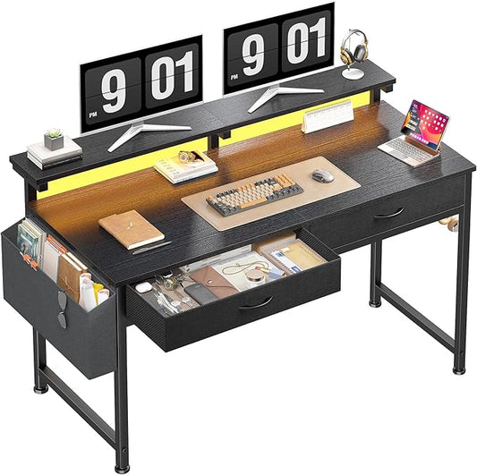 47.3Inch Gaming Desk with LED Lights with 2 Drawers, Home Office Desk Computer Desk with Side Pocket & Ergonomic Monitor Stand, Small Space Study Writing Table with Anti-Tip Design,Black