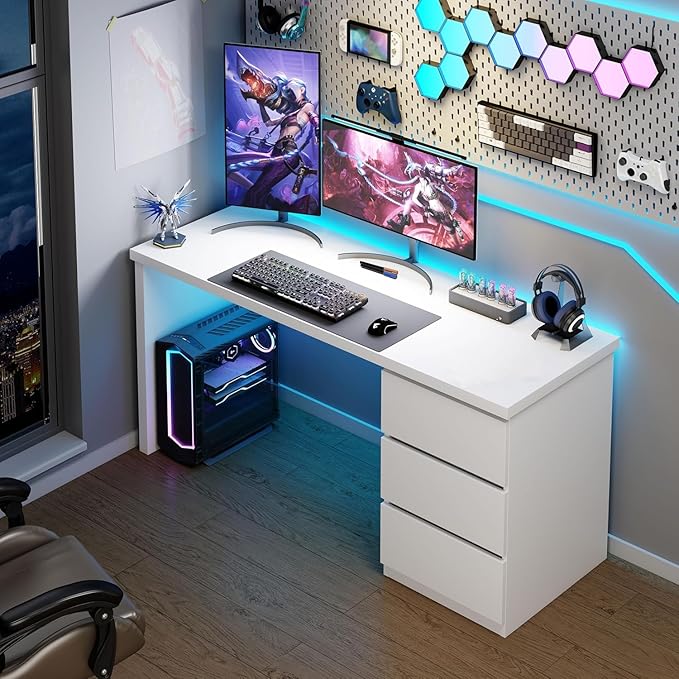 furtble White Desk with Drawers, 47'' W Home Office Desk Gaming Table, Modern Vanity Desk with Storage, Wood Computer Desk Writing Workstation for Bedroom, Living Room