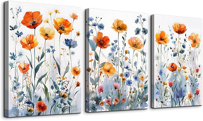 TTHYUEWS Large Canvas Wall Decor for Living Room Boho Wall Art for Bedroom Kitchen Family Room Wall Pictures Artwork Flowers Watercolour Paintings Modern Home Decor 3 Pieces