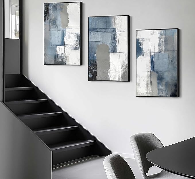 3 Pcs Navy Blue Abstract Canvas Wall Art Modern Minimalist Neutral Blue and Grey Paintings Pictures Wall Decor Poster Print Artwork for Living Room Bedroom Office Home Decoration Unframed