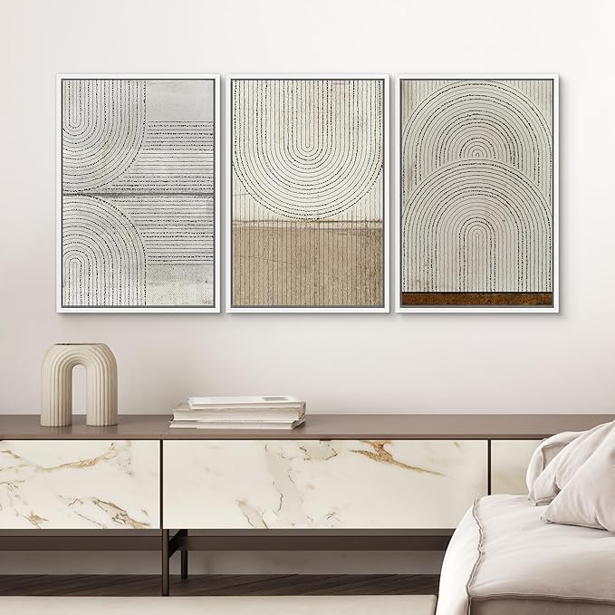 SIGNWIN Framed Canvas Print Wall Art Set Grunge Circle Polygon Collage Abstract Geometric Cozy Neutral Minimalism Modern Art Decorative Boho for Living Room, Bedroom, Office - 16"x24"x3 White